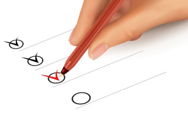 List with checkboxes and hand with pen. Vector illustration. clipart