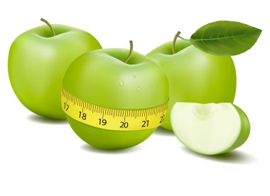 Üç yeşil elma, metre cinsinden. vektör.