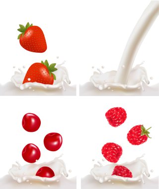 Set of berries falling into the milk splash. Vector clipart