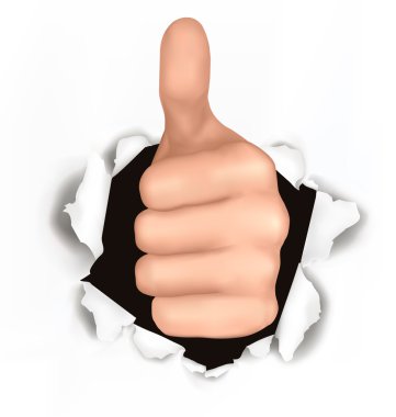 Conceptual illustration of thumb up. Hand with thumb up has broken through a paper clipart