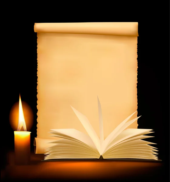 Φόντο με παλιό χαρτί, κερί και ανοιχτό βιβλίο. εικονογράφηση φορέας. — Διανυσματικό Αρχείο