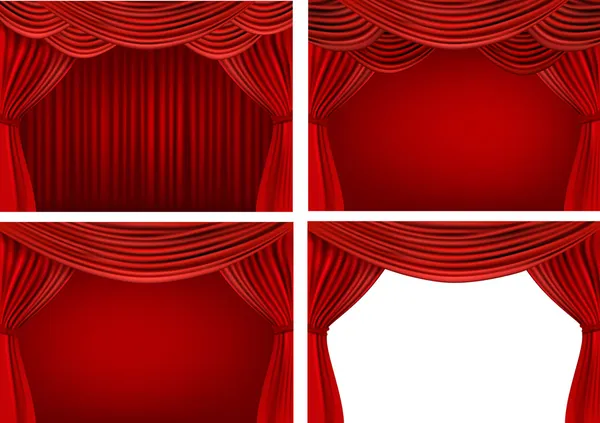 Cuatro fondos con cortinas de terciopelo rojo. Ilustración vectorial . — Archivo Imágenes Vectoriales