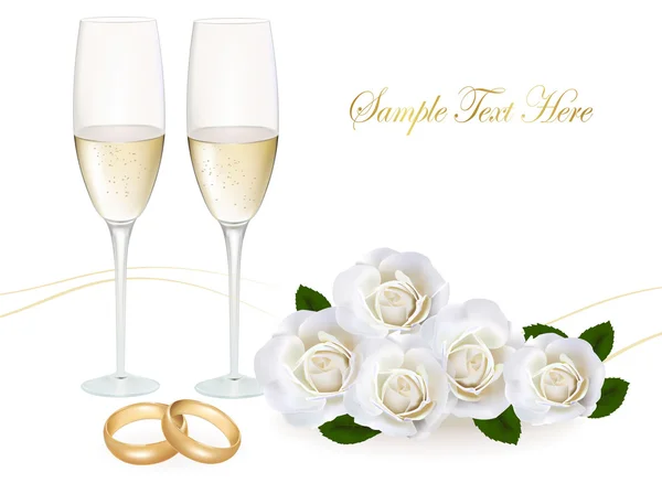 Anéis de casamento, buquê de rosas e champanhe. Ilustração vetorial . — Vetor de Stock