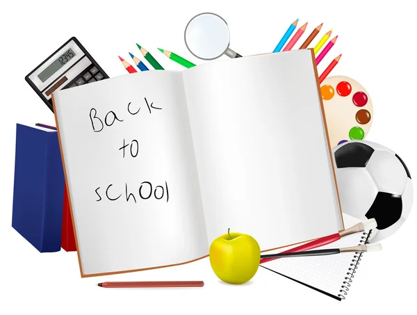 学校に戻る。学校用品付きのノートパッド. — ストックベクタ