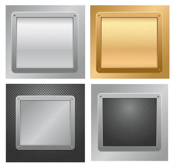 Cuatro placas metálicas brillantes sobre fondos texturizados. Ilustración vectorial — Vector de stock