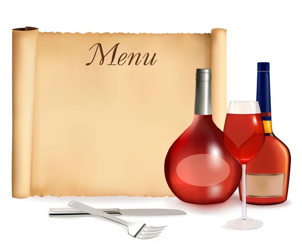 Menù del ristorante sul vecchio rotolo di carta e bottiglie di vino. EPS10 con trasparenza. Vettore . — Vettoriale Stock