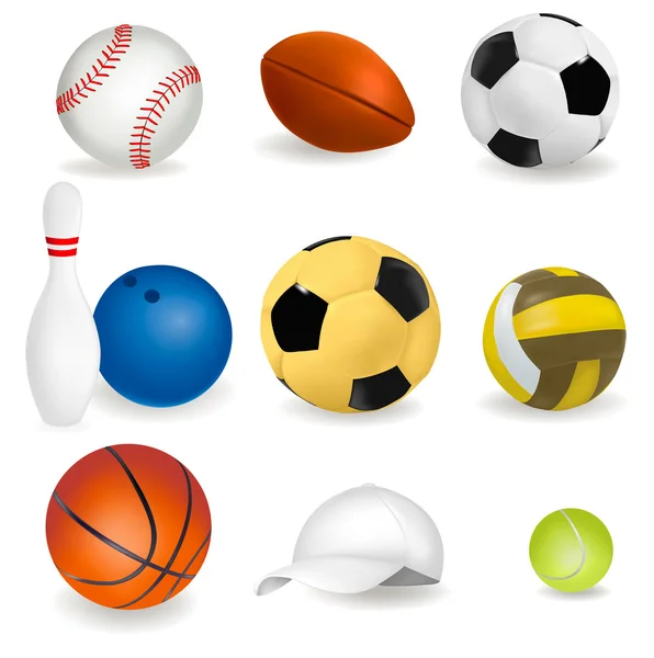 Grande conjunto de bolas esportivas e boné de tênis . — Vetor de Stock