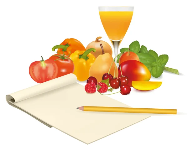 Notepad met het recept, tomaat en sommige groenten met potlood op tafel. vector — Stockvector