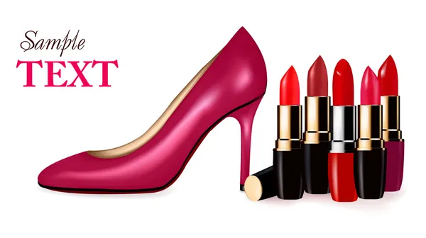 Sexy high heel shoe and group of lipsticks. Vector illustration. — Stock Vector