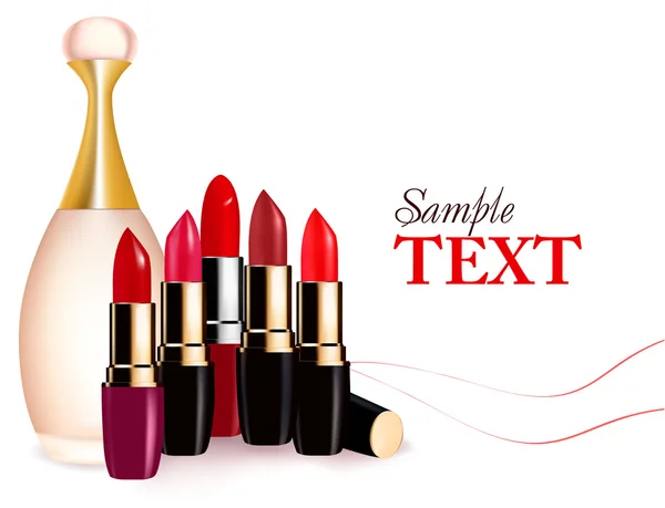 Fond avec des rouges à lèvres multicolores et du parfum. Illustration vectorielle . — Image vectorielle
