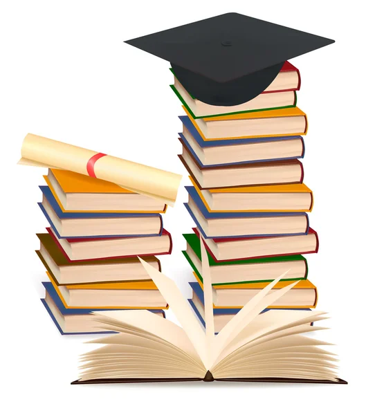 Graduation cap and diploma laying on stacks of books. Vector. — Stock ...