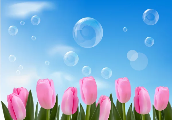 Blue background with realistic bubbles and flowers. — Stock Vector