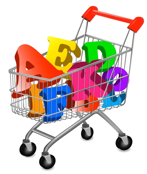 Carrito de compras con alfabeto de color. Ilustración vectorial . — Vector de stock