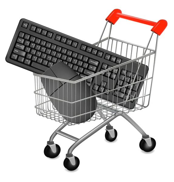 Carro de la compra y el ratón y la clave de la computadora, concepto de compras en línea — Vector de stock