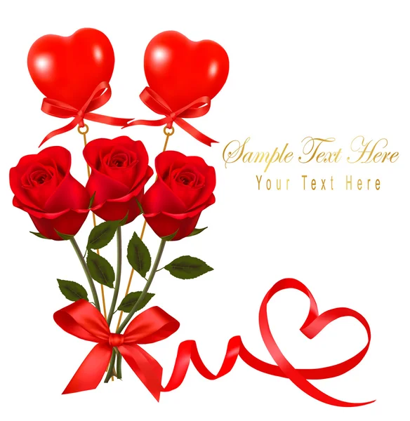 Carte de Saint-Valentin. Roses rouges et cadeau arc rouge. Vecteur . — Image vectorielle