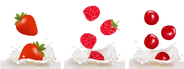 Набор ягод падает в молочный брызг. Вектор — стоковый вектор