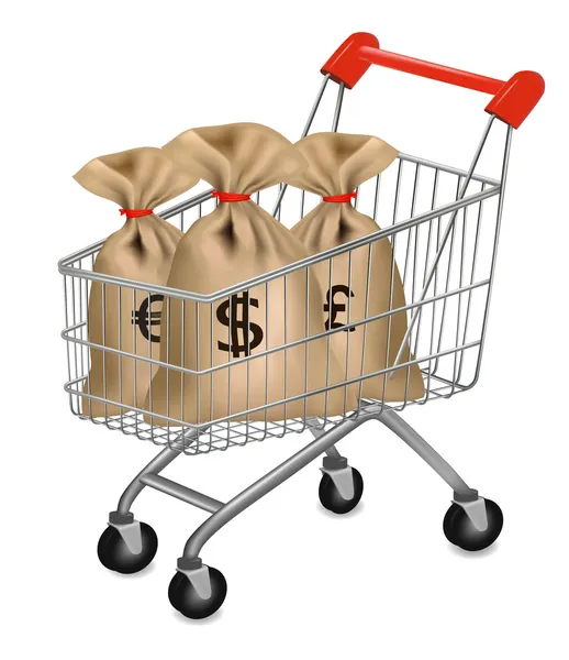 Carrinho de compras com sacos de dinheiro com dólares, euro e libra . —  Vetores de Stock