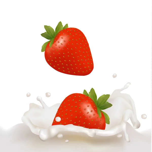 Red strawberry fruits falling into the milky splash. — Stock Vector