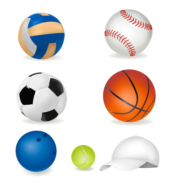 Conjunto de bolas esportivas e boné de tênis . —  Vetores de Stock