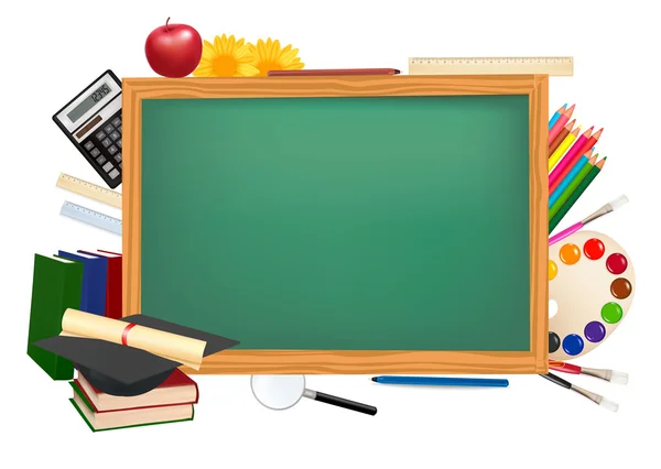 Grüner Schreibtisch mit Schulmaterial. — Stockvektor