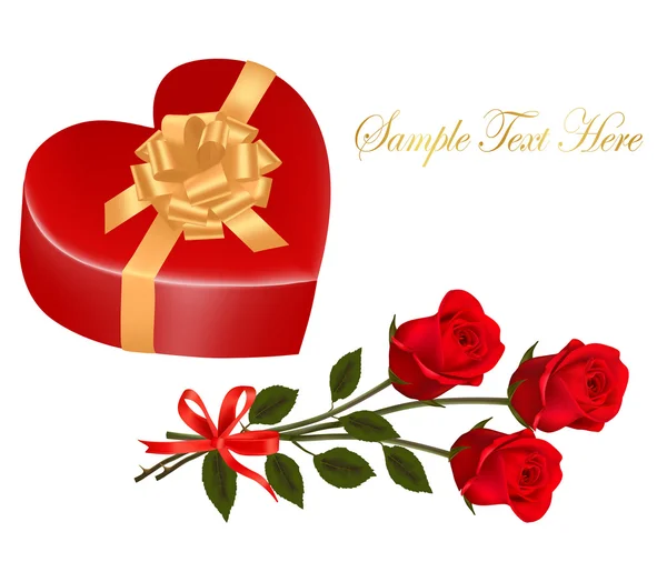 O cartão do Dia dos Namorados. Rosa vermelha de beleza e caixa de presente com arco . — Vetor de Stock