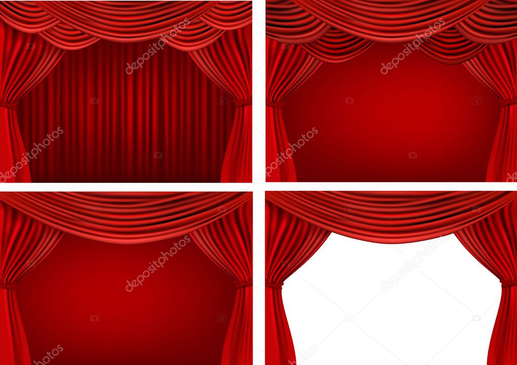 Four backgrounds with red velvet curtains. Vector illustration.