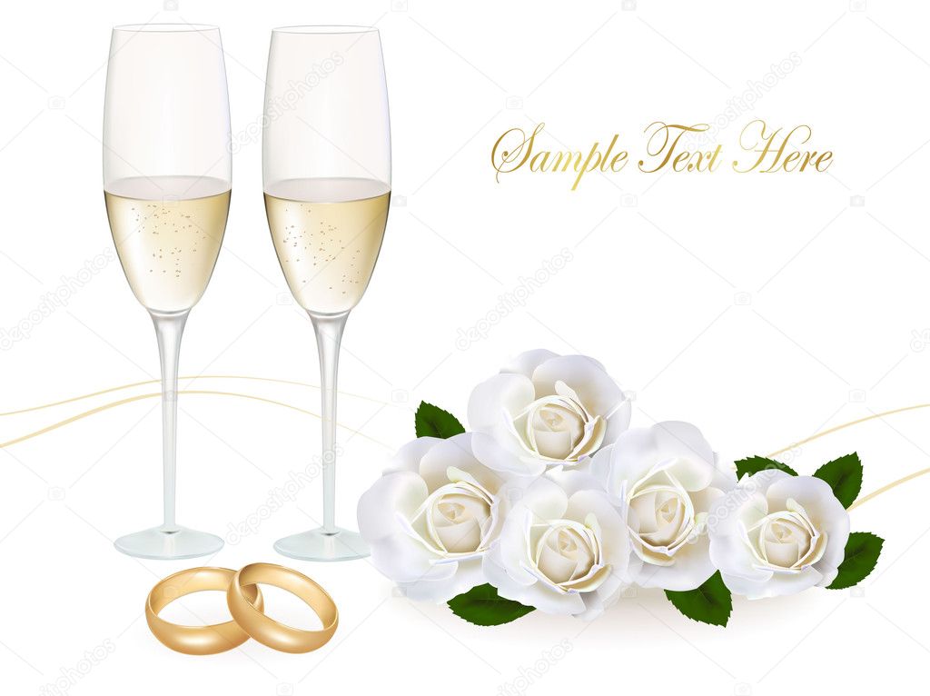 Wedding rings, roses bouquet and champagne. Vector illustration.