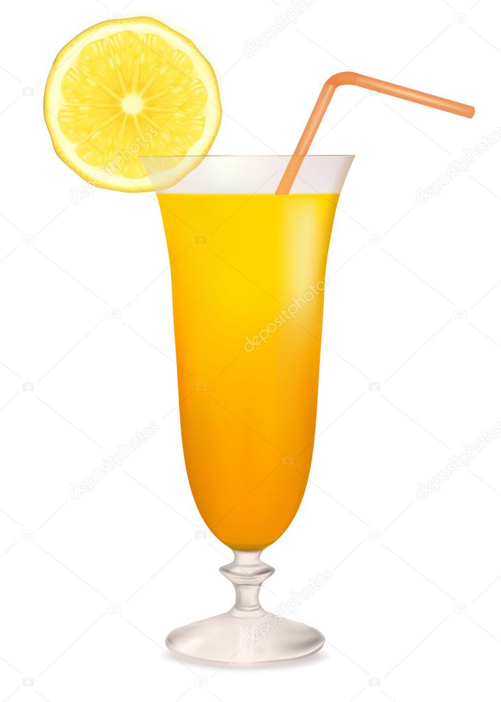 Orange cocktail in glass and lemon slice. Vector illustration.