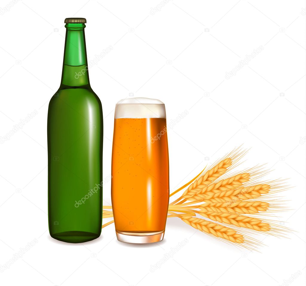 Bottle with glass of beer and some ears of wheat. Vector illustration.