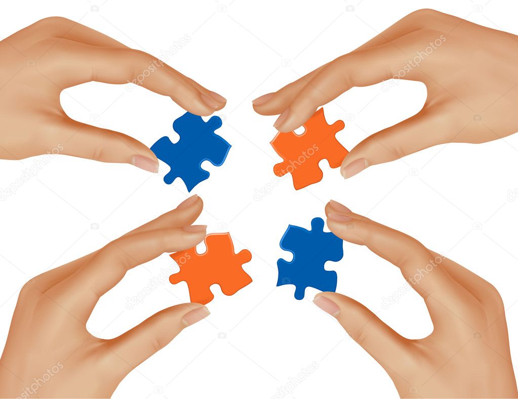 Hands and puzzle. Business concept. Vector illustration.
