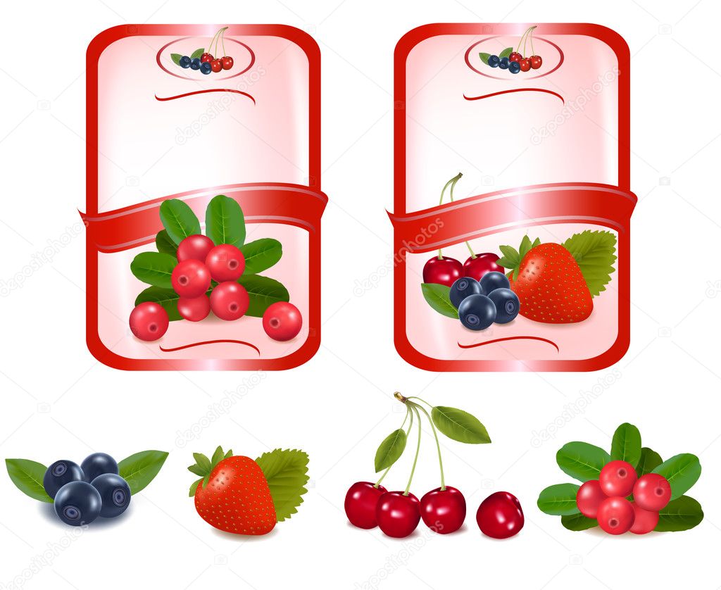 Two red labels with berries and cherries.