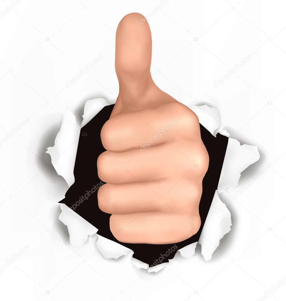 Conceptual illustration of thumb up. Hand with thumb up has broken through a paper