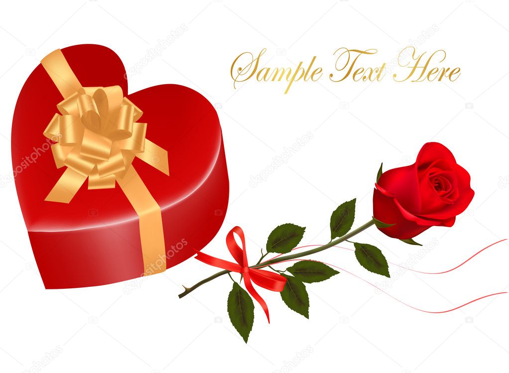 Valentine`s day card. Three Beautiful red roses and gift box with gold bow.