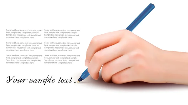 Mão com caneta escrita em papel. Ilustração vetorial . — Vetor de Stock