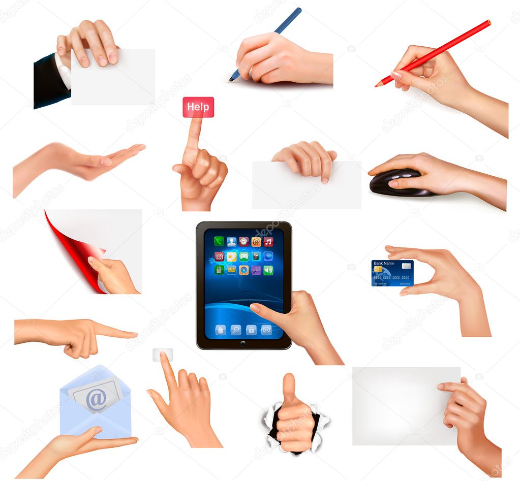 Set of hands holding different business objects Vector illustration