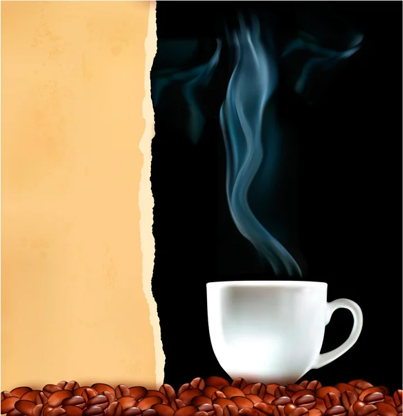 Hintergrund mit einer Tasse Kaffee und altem zerrissenen Papier. Vektor — Stockvektor