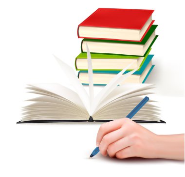 Hand with pen writing on paper and stack of book Vector illustration clipart