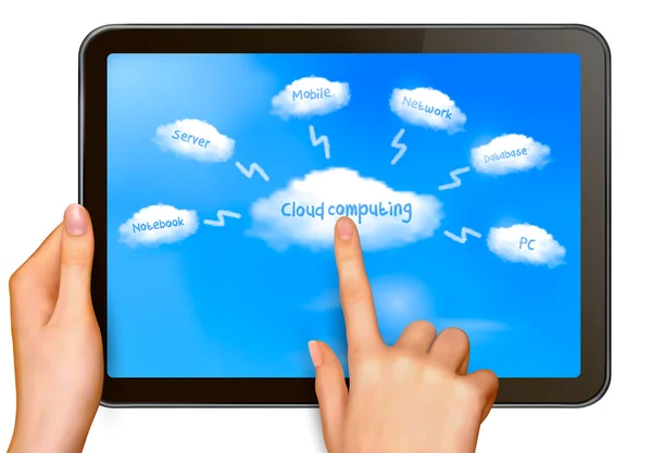 Cloud computing koncepce prst dotýká mraků na dotykové obrazovce vektor — Stockový vektor