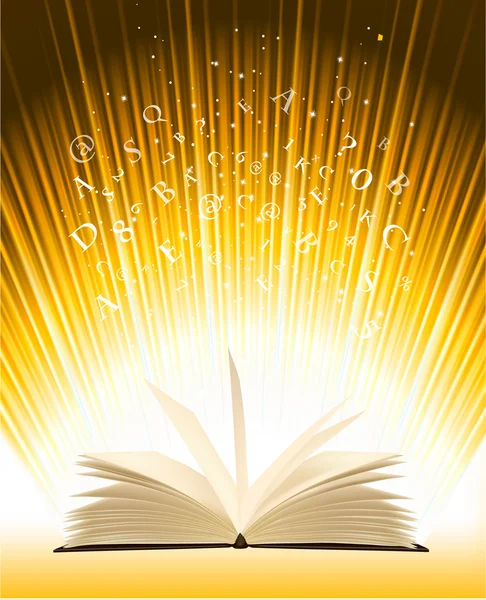 Άνοιξε το μαγικό βιβλίο με μαγικό φως διανυσματικά εικονογράφηση — Διανυσματικό Αρχείο