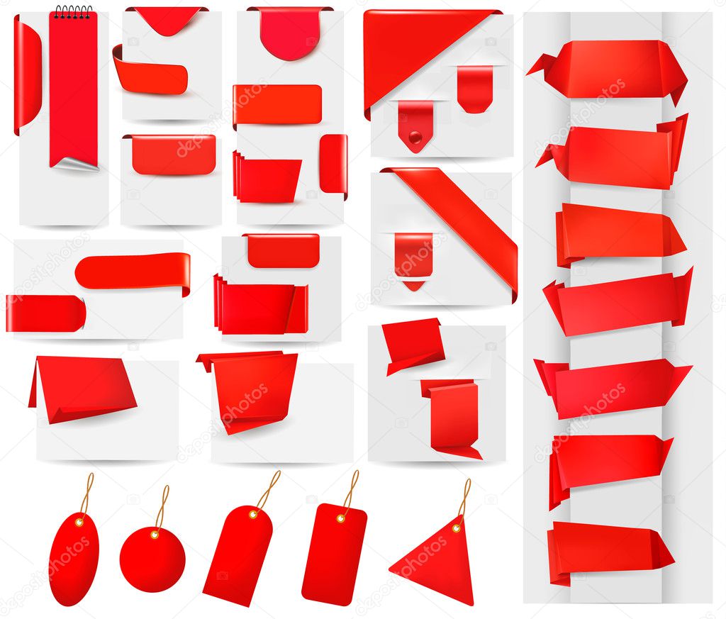 Big collection of red origami paper banners and stickers Vector illustration