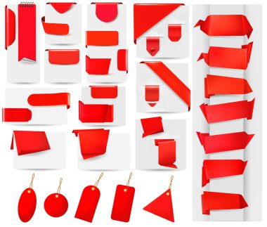 Big collection of red origami paper banners and stickers illustration