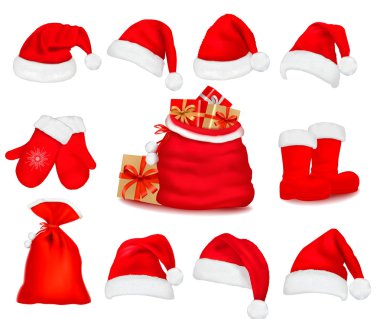 Big set of red santa hats and clothing. Vector illustration. clipart
