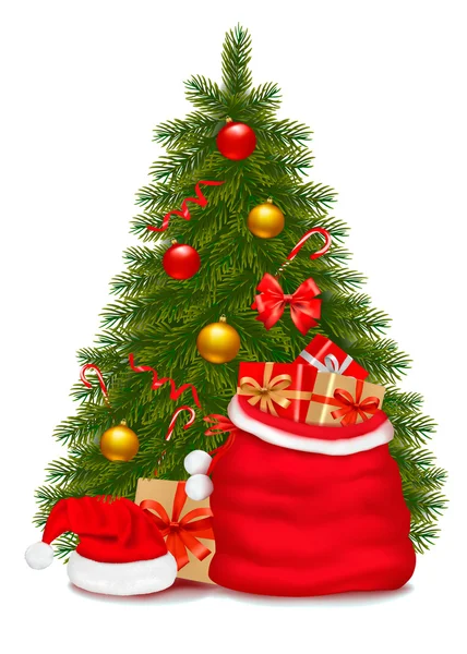 Weihnachtsbaum und Weihnachtsmanntasche mit Geschenken. Vektorillustration. — Stockvektor