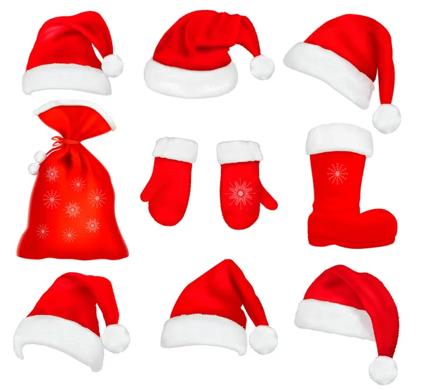 Grande set di cappelli da Babbo Natale rossi e abbigliamento. Illustrazione vettoriale . — Vettoriale Stock