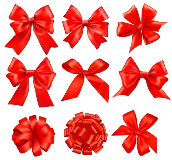 Big set of red gift bows with ribbons. Vector. — Stock Vector