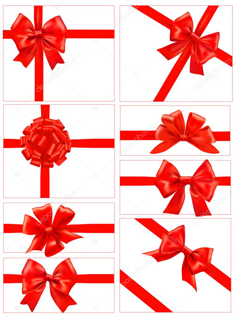 Big set of red gift bows with ribbons. Vector.