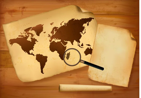 Mapa antiguo y papel viejo sobre fondo de madera. Ilustración vectorial . — Vector de stock