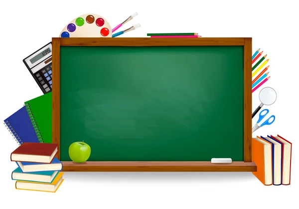 Zpátky do školy. zelené deska s školní potřeby. vektor. — Stockový vektor