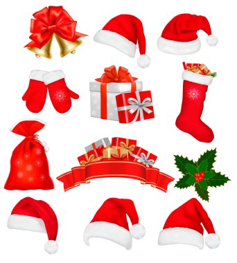 Big set of red santa hats and clothing. Vector illustration. clipart