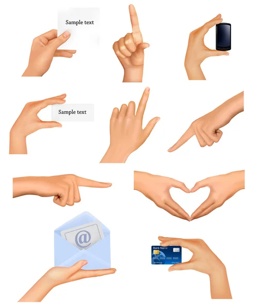 Conjunto de manos sosteniendo diferentes objetos de negocios. Ilustración vectorial — Vector de stock